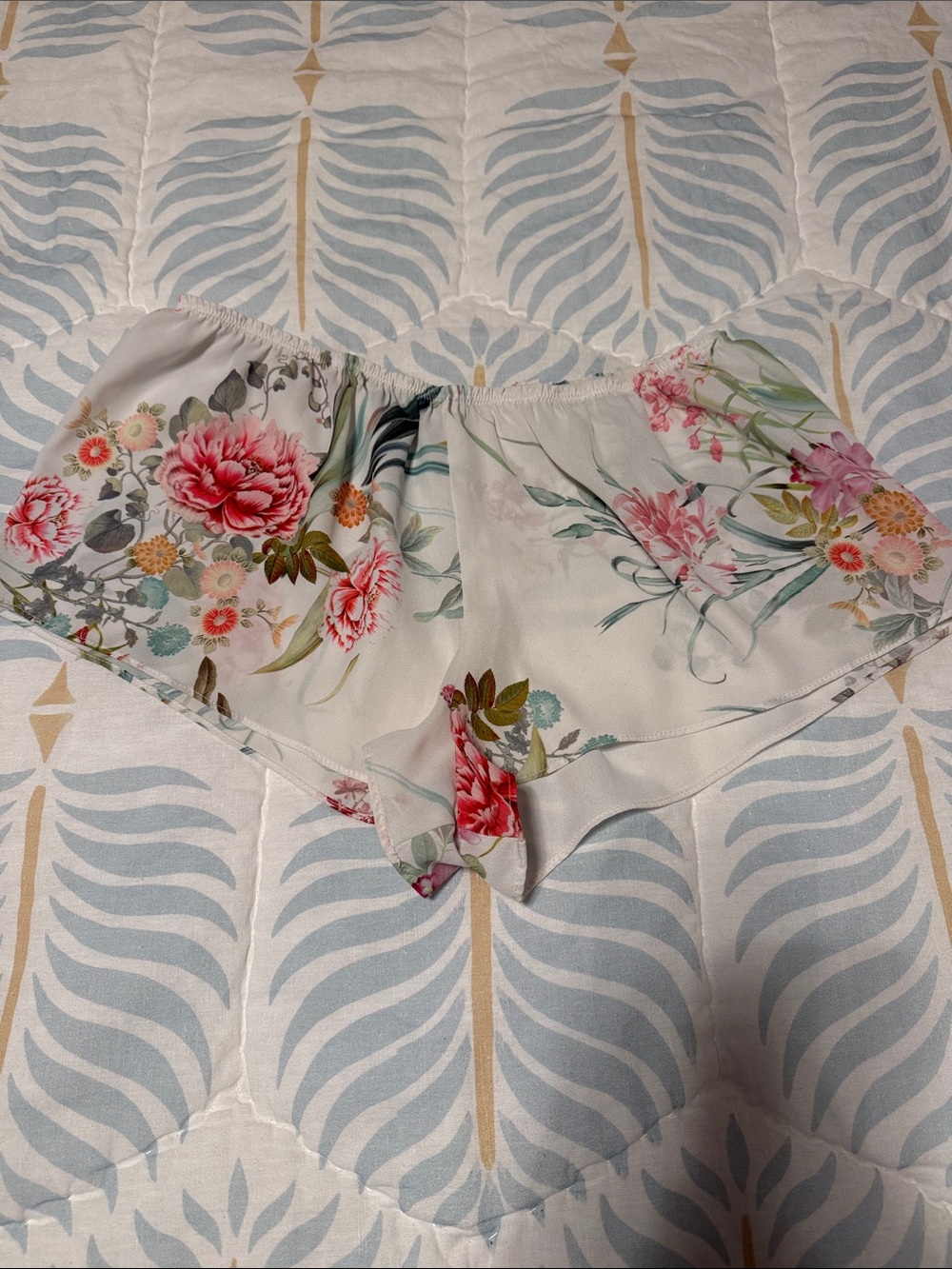 Flora Nikrooz - Floral Satin Sleep Shorts - Cream Base with Pink & Green Flowers